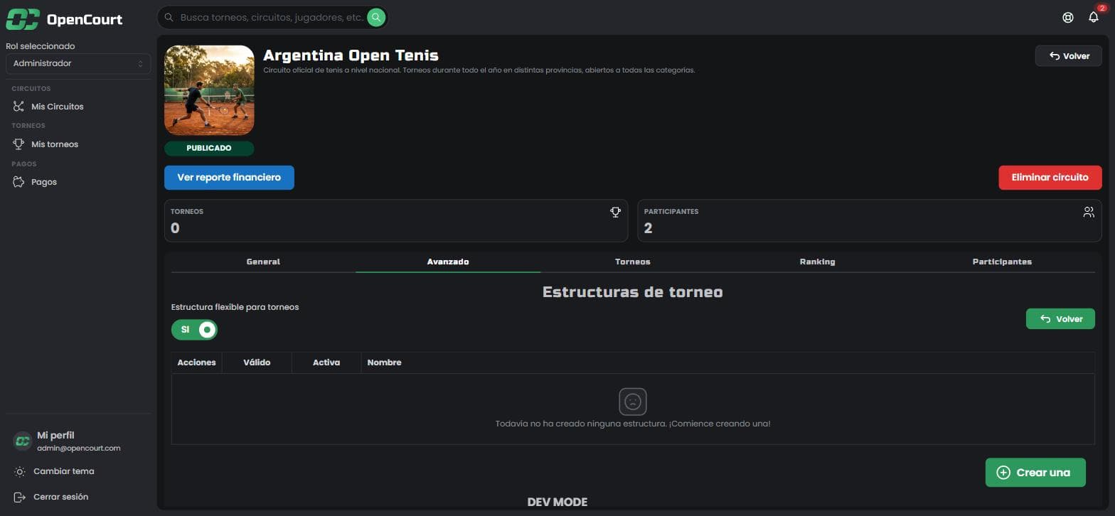 Pantalla de Estructuras de torneo vacía, con el switch Estructura flexible para torneos en SI