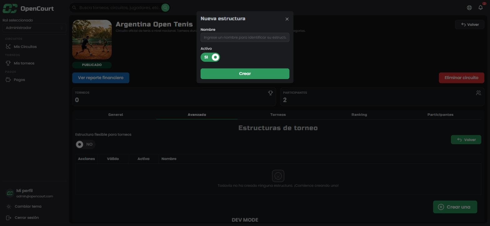 Modal Nueva estructura con el campo Nombre y el switch Activo