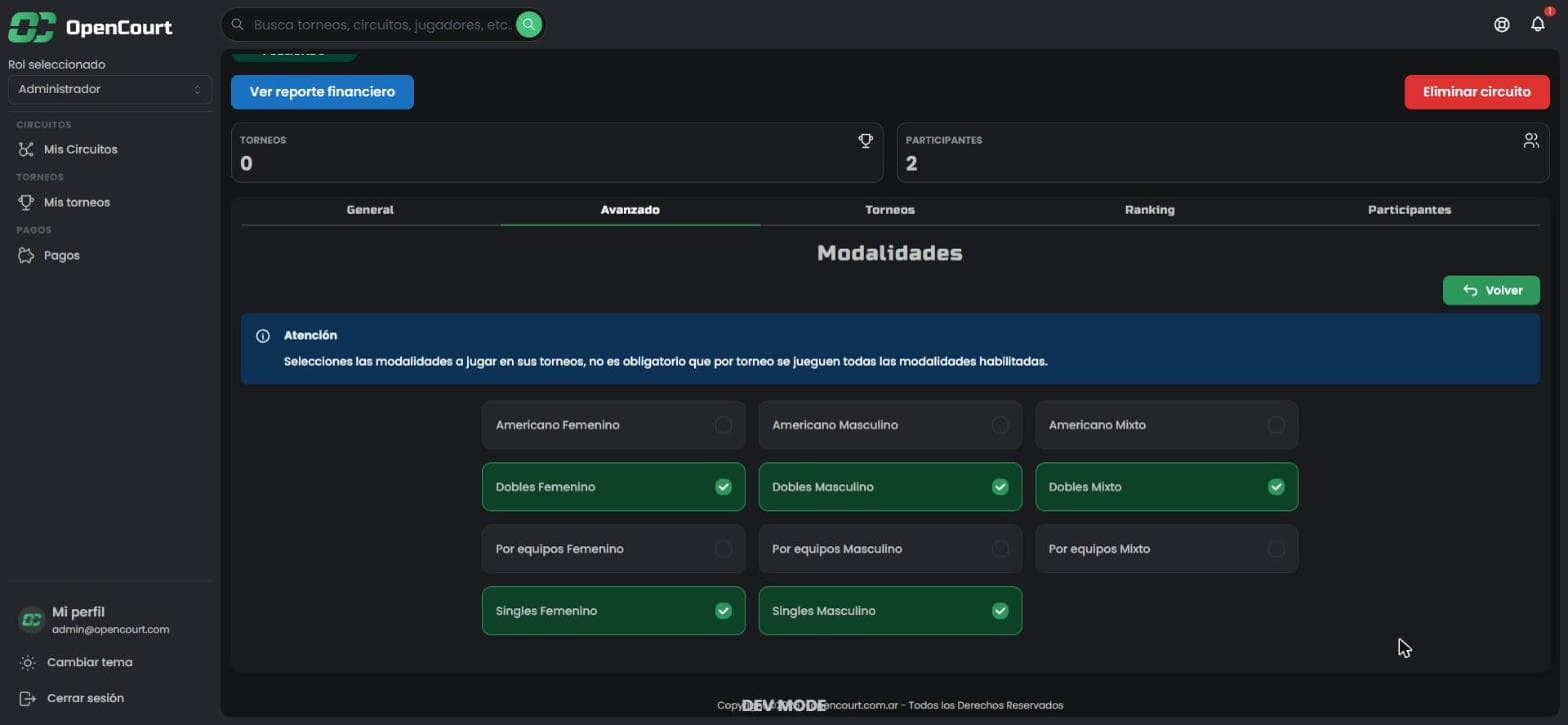 Grilla de modalidades del circuito con Dobles y Singles activas