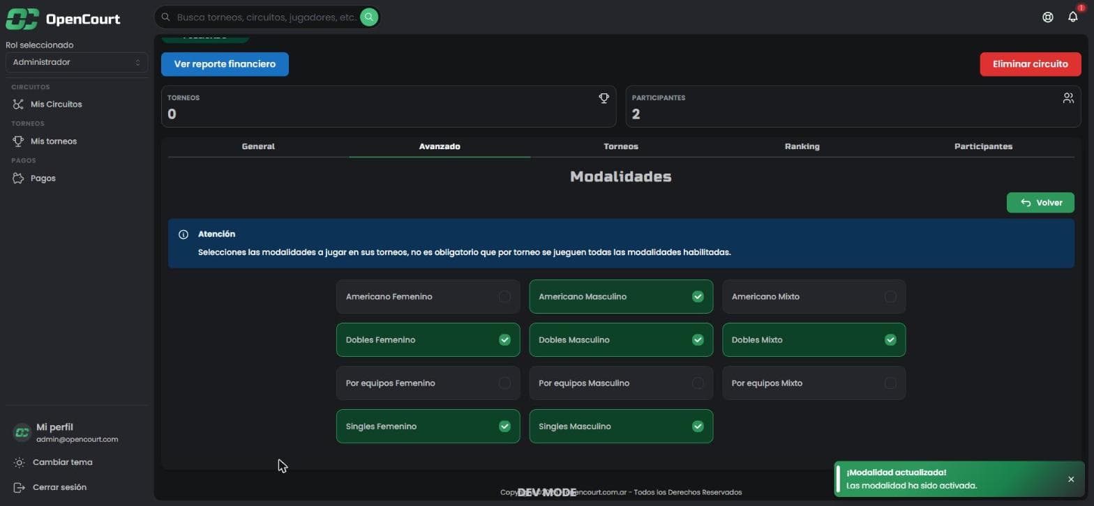 Modalidad Americano Masculino activada, con el cartel de confirmación