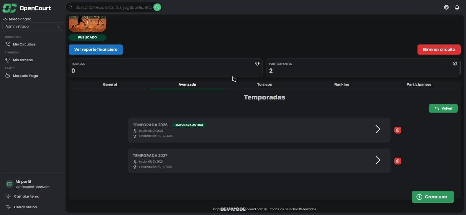Lista de temporadas del circuito con Temporada 2026 marcada como temporada actual y Temporada 2027