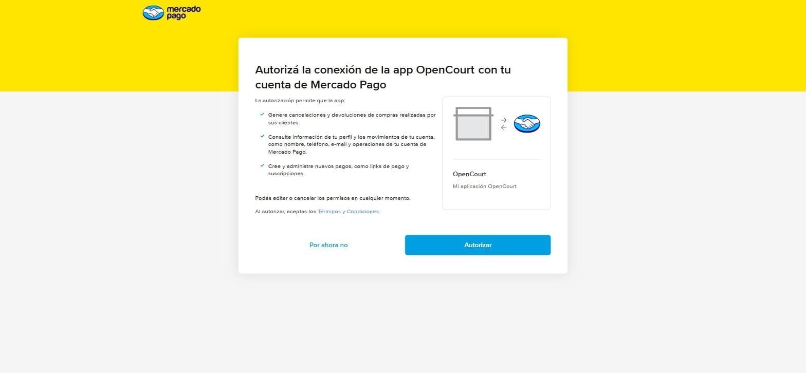 Pantalla de Mercado Pago pidiendo autorizar la conexión de la app OpenCourt con la cuenta